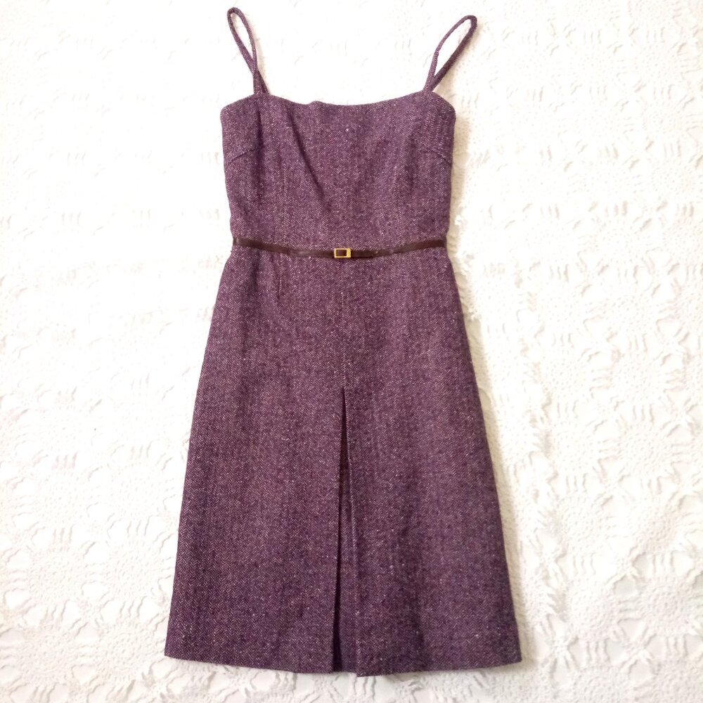 Glow Italy Fit Flare Dress Purple Herringbone Tweed 100% Wool Sleeveless 2 Women